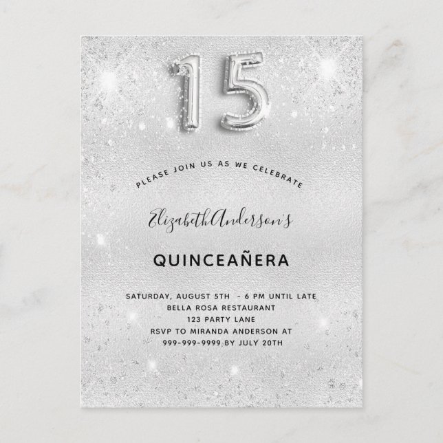 Invitation Carte Postale Quinceanera parties scintillant argent glamour (Devant)