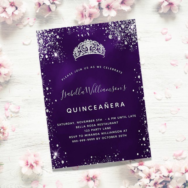 Invitation Carte Postale Quinceanera parties scintillant d'argent pourpre t (Créateur téléchargé)