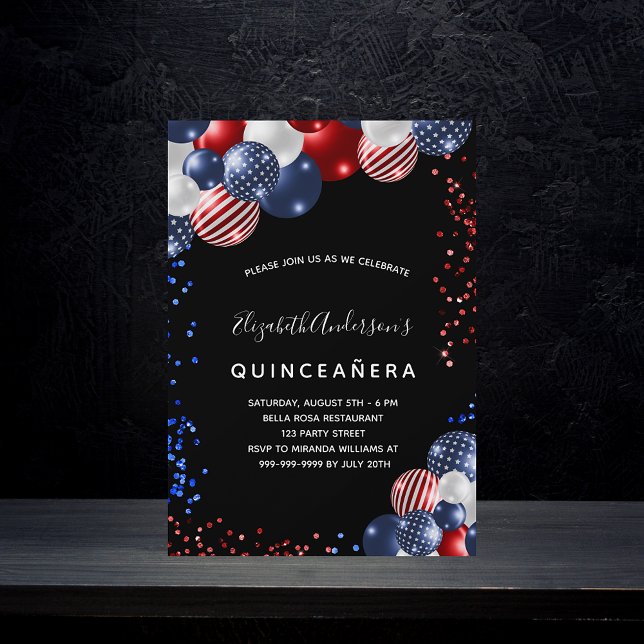 Invitation Carte Postale Quinceanera patriotique noir rouge bleu blanc ball (Créateur téléchargé)
