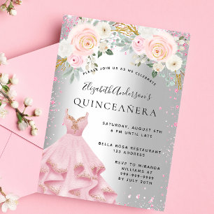 Invitation Carte Postale Quinceanera rose argent brillant robe glamour