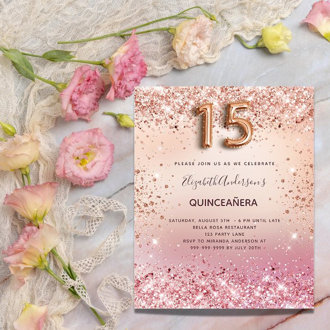 Invitation Carte Postale Quinceanera rose d'or bleu confetti rose (Créateur téléchargé)
