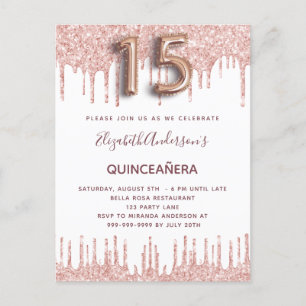 Invitation Carte Postale Quinceanera rose gouttes d'or rose