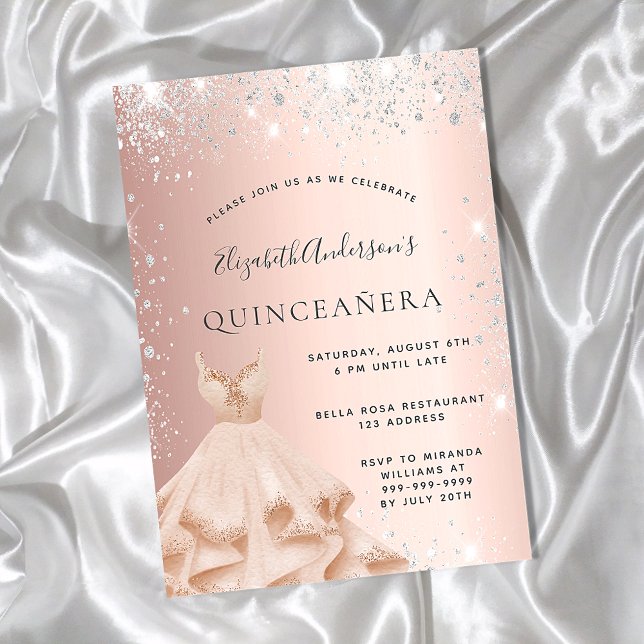 Invitation Carte Postale Quinceanera rose or argent parties scintillant rob (Créateur téléchargé)