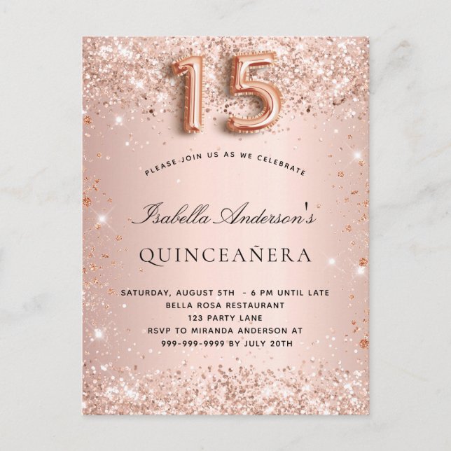 Invitation Carte Postale Quinceanera rose or parties scintillant élégante (Devant)