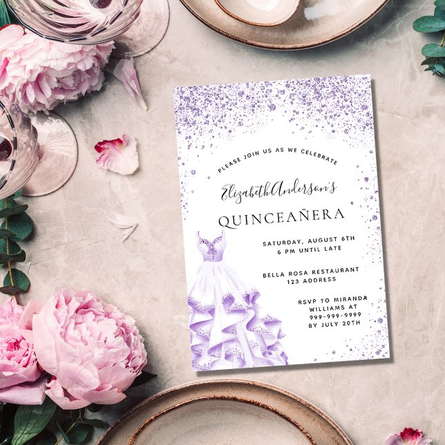 Invitation Carte Postale Quinceanera violet robe blanche parties scintillan (Créateur téléchargé)