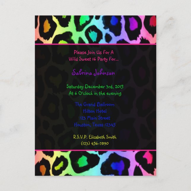 Invitation Carte Postale Rainbow Cheetah Wild Sweet 16 Anniversaire (Devant)