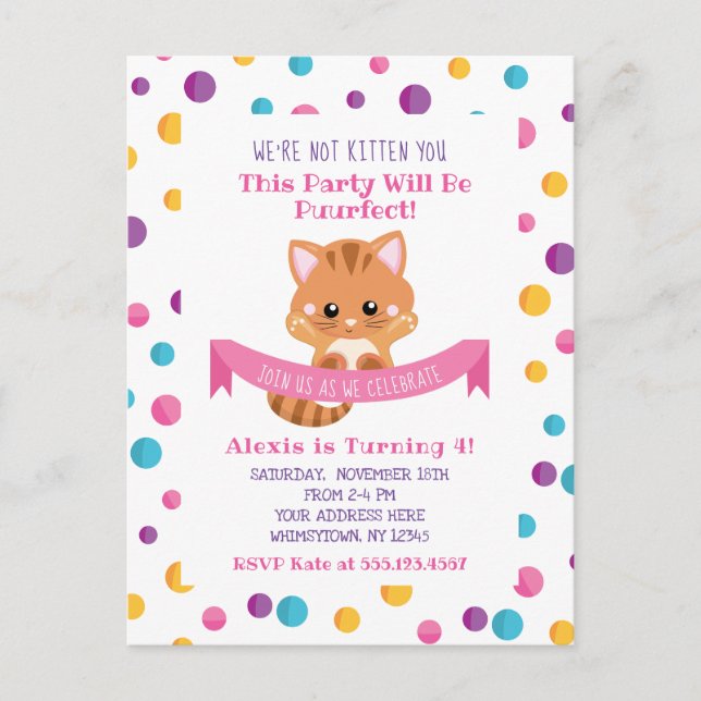 Invitation Carte Postale Rainbow Confetti Cute Kitty Chat Anniversaire (Devant)