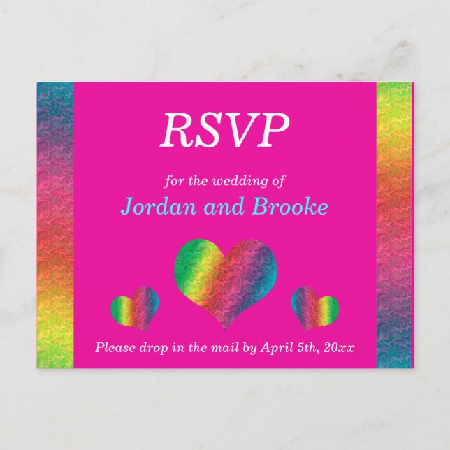 Invitation Carte Postale [Rainbow Crinkle Mariage] Coeurs RSVP Card Pink (Devant)