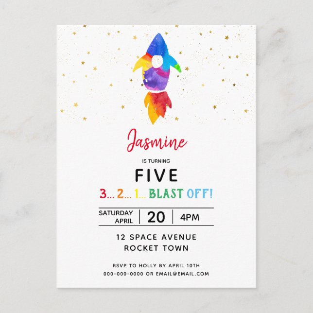 Invitation Carte Postale Rainbow Rocket Ship Exterspace Anniversaire (Devant)