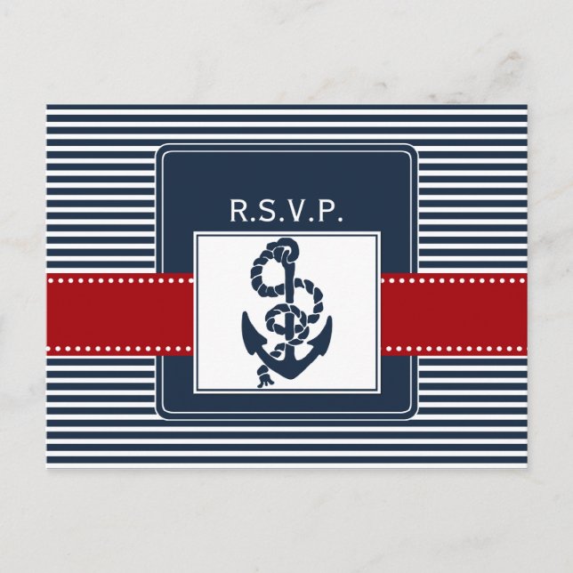 Invitation Carte Postale rayures de marine, ancre, mariage nautique rsvp (Devant)