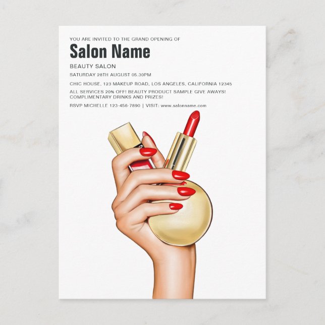 Invitation Carte Postale Red and Gold Glam Chic Beauon Salon Ouverture (Devant)