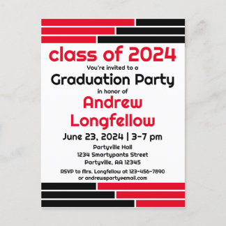 Invitation Carte Postale Red & Black Bars Graduation Party