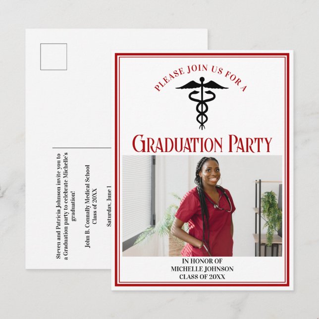 Invitation Carte Postale Red Black Médicale School Graduation Photo Party (Devant / Derrière)