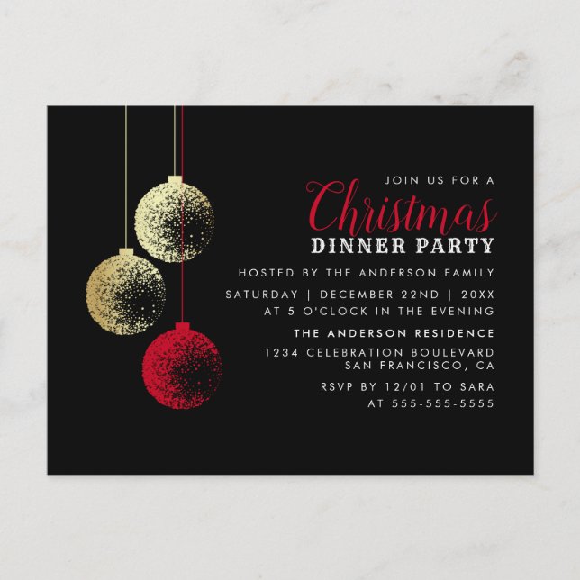 Invitation Carte Postale Red & Gold Baubles Élégant dîner de Noël (Devant)