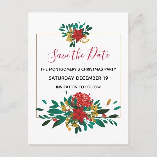 Invitation Carte Postale Red Green et Gold de Noël Sauvez la date (Devant)