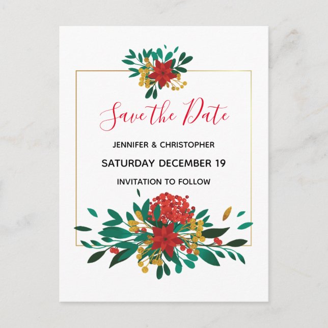 Invitation Carte Postale Red Green et Gold de Noël Sauvez la date (Devant)