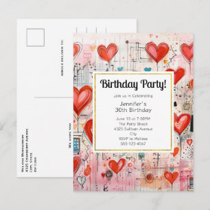 Invitation Carte Postale Red Hearts Whimsical Love Motif Anniversaire Invit