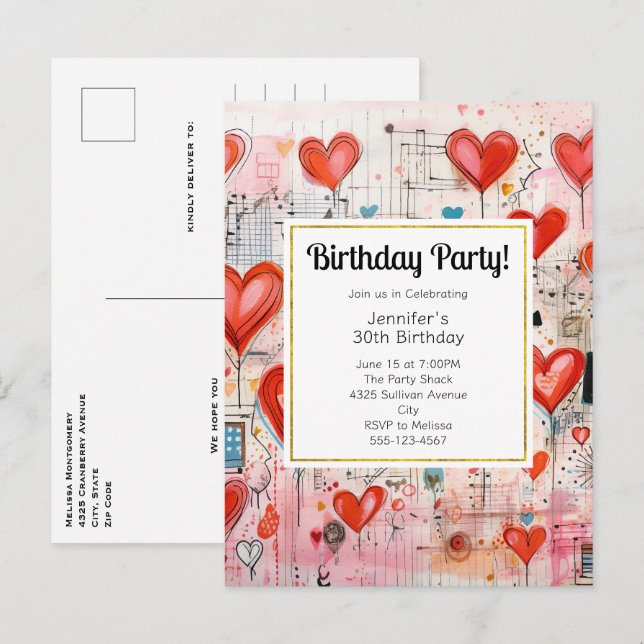 Invitation Carte Postale Red Hearts Whimsical Love Motif Anniversaire Invit (Devant / Derrière)