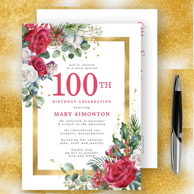 Invitation Carte Postale Red Rose Gold Holly 100e anniversaire (Créateur téléchargé)