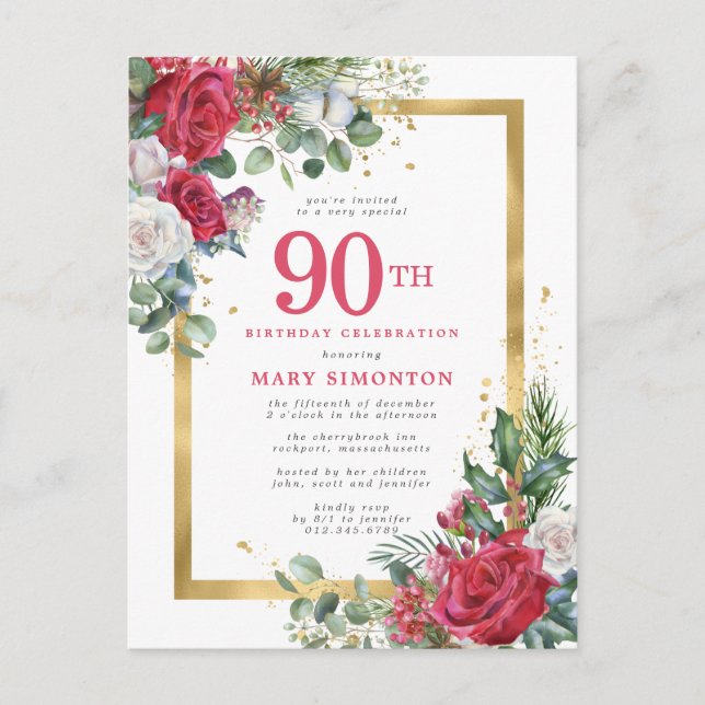 Invitation Carte Postale Red Rose Gold Holly 90e anniversaire (Devant)