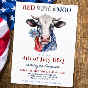 Invitation Carte Postale Red White Moo Patriotique Cow Farm 4 juillet