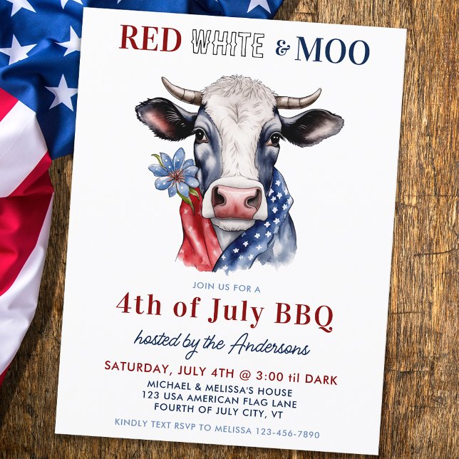 Invitation Carte Postale Red White Moo Patriotique Cow Farm 4 juillet (Créateur téléchargé)