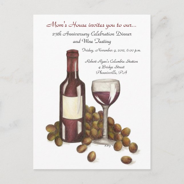 Invitation Carte Postale Red Wine Tasting Verre Bouteille Raisins Charité É (Devant)