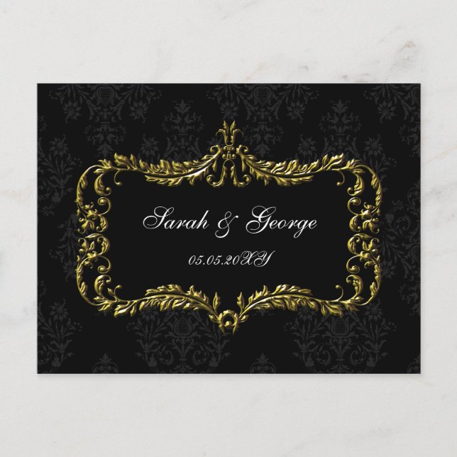 Invitation Carte Postale régal fleurir noir et or damask rsvp (Devant)