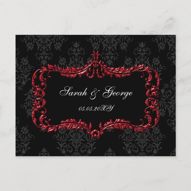 Invitation Carte Postale regal fleurit noir et rouge damas rsvp (Devant)