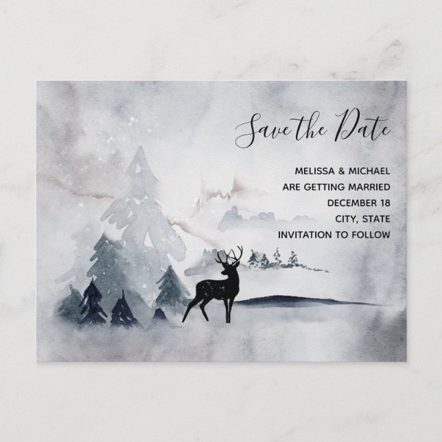 Invitation Carte Postale Reindeer d'hiver Mariage gris rustique Enregistrer (Devant)