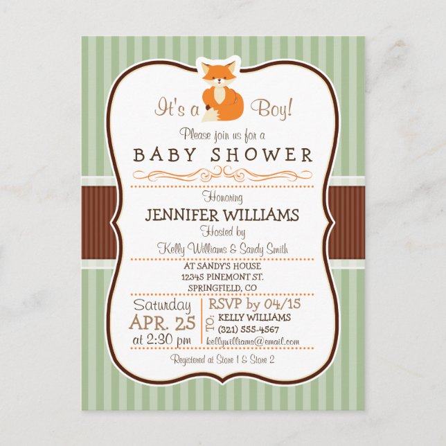 Invitation Carte Postale Renard boisé; Orange, Sage, Baby shower Brown (Devant)