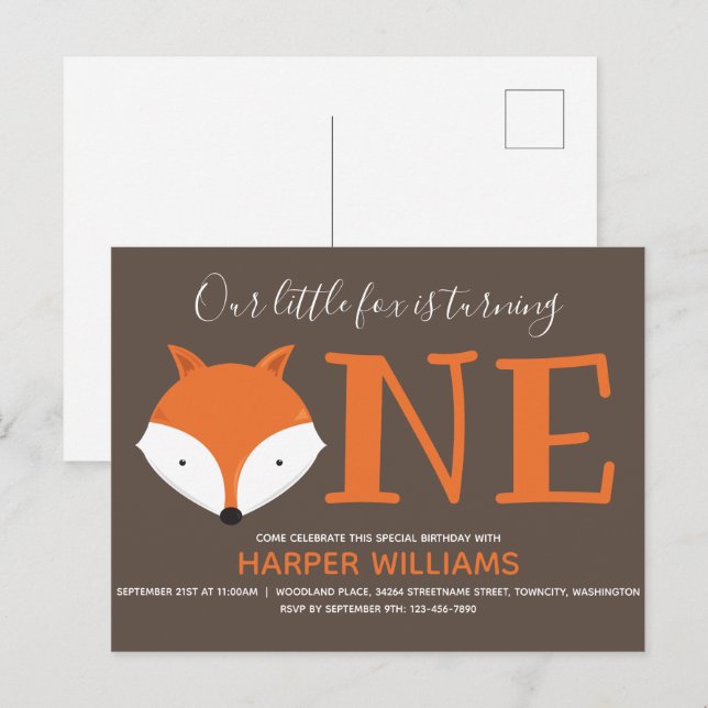 Invitation Carte Postale Renard Turner Un Premier Anniversaire Animal (Devant / Derrière)