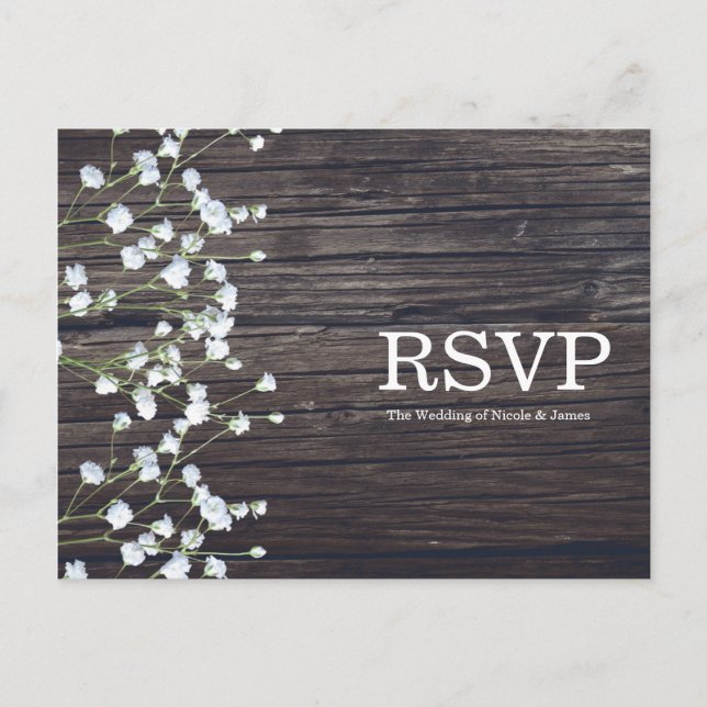 Invitation Carte Postale Réponse Baby's Breath Floral & Dark Rustic Wood (Devant)