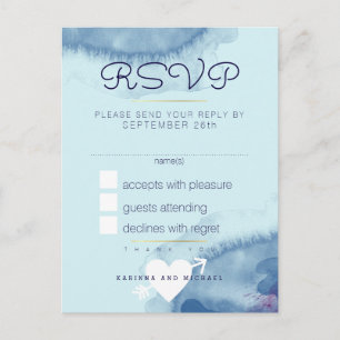 Invitation Carte Postale réponse . bleu aquarelle mariage rsvp