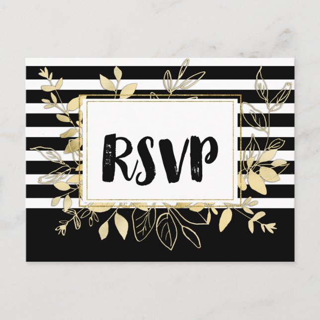 Invitation Carte Postale Réponse de mariage botanique doré noir moderne (Devant)