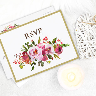 Invitation Carte Postale Réponse de mariage rose magenta corail floral bord