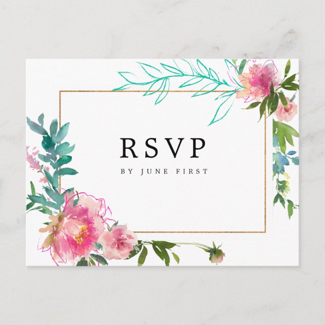 Invitation Carte Postale Réponse RSVP de mariage à l'aquarelle florale rose (Devant)