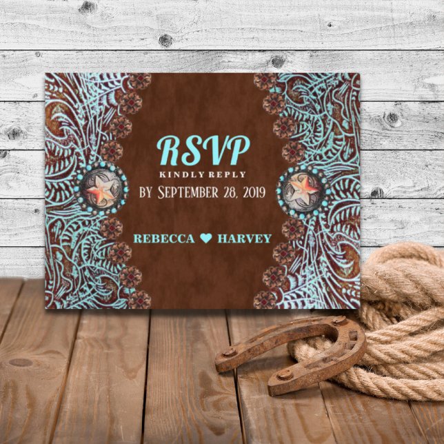 Invitation Carte Postale réponse turquoise marron mariage western country (turquoise brown country western wedding RSVP Invitation Postcard)