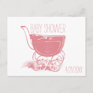 Invitation Carte Postale Rétro baby shower de chariot rose adorable de bébé