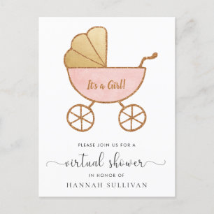 Invitation Carte Postale Retro Carriage rose or virtuel bébé fille douche