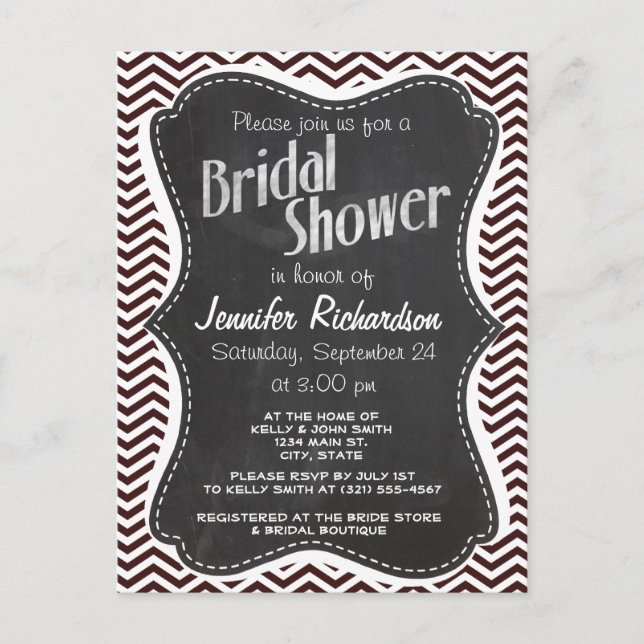 Invitation Carte Postale Retro Chalkboard look; Dark Sienna Chevron (Devant)