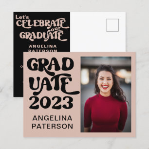 Invitation Carte Postale Retro Chic Photo Black & Pink Graduate Party