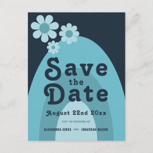 Invitation Carte Postale Retro moderne les années 70 Gras Mariage bleu