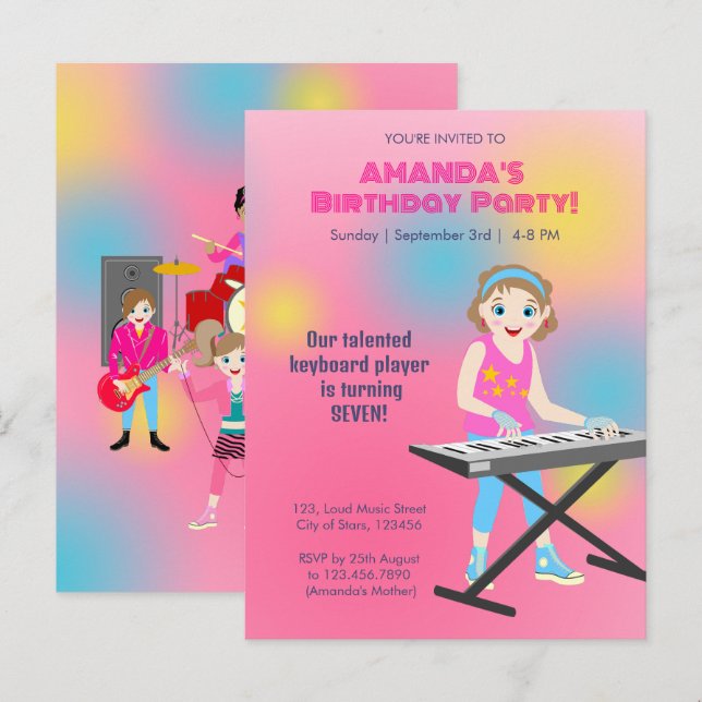 Invitation Carte Postale Retro music girls band Birthday Party (Devant / Derrière)