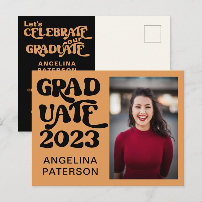 Invitation Carte Postale Retro Photo Black & Terracotta Graduate Party (Devant / Derrière)