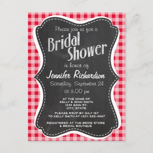 Invitation Carte Postale Retro Scarlet Red En vichy ; Chalboard look (Devant)