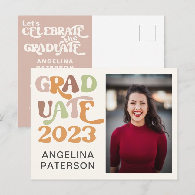 Invitation Carte Postale Retro Script Photo Terracotta Graduate Party (Devant / Derrière)