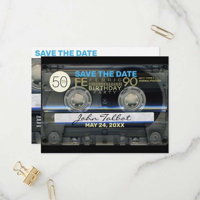 Invitation Carte Postale Retro T1 Audiotape 50e anniversaire Fête Enregistr (Devant/Arrière en situation)