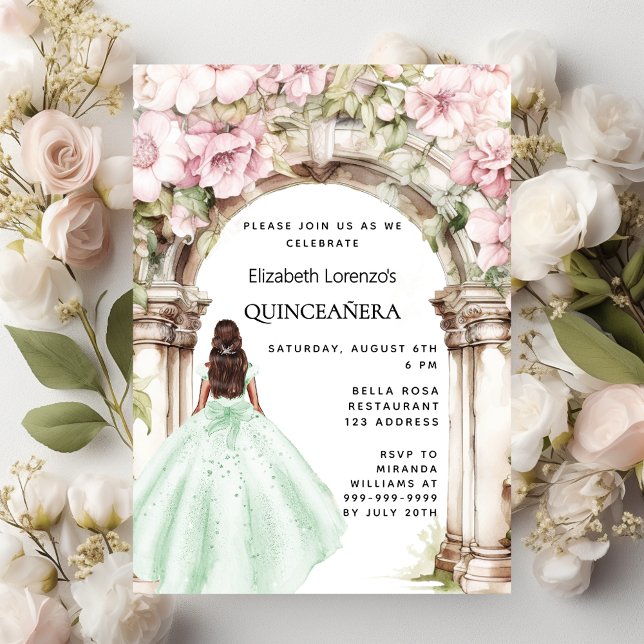 Invitation Carte Postale Robe d'arche de fleurs roses vertes Quinceanera (Créateur téléchargé)