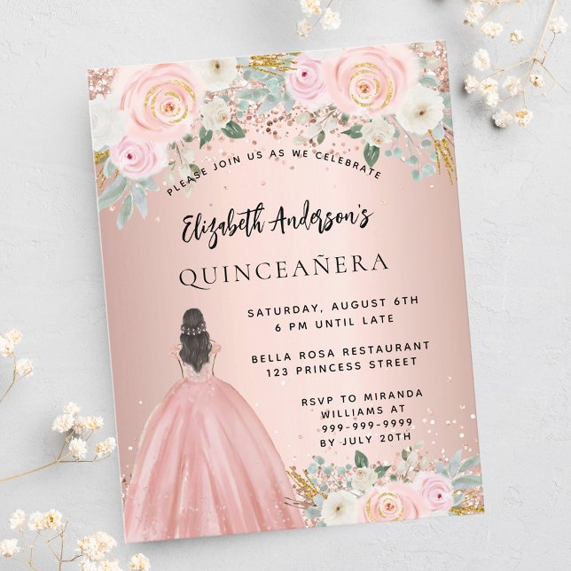 Invitation Carte Postale Robe de fleurs d'or rose Quinceanera (Créateur téléchargé)